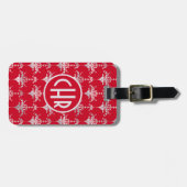 Elegantes Rot-Weiß-Damask-Monogramm Gepäckanhänger (Vorderseite horizontal)