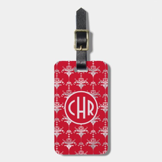Elegantes Rot-Weiß-Damask-Monogramm Gepäckanhänger (Vorderseite vertikal)