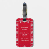 Elegantes Rot-Weiß-Damask-Monogramm Gepäckanhänger (Rückseite vertikal)
