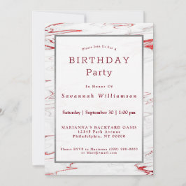 Elegantes Rot-Weiß-Imitat Marble Birthday Einladung