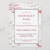 Elegantes Rot-Weiß-Imitat Marble Birthday Einladung (Vorne/Hinten)