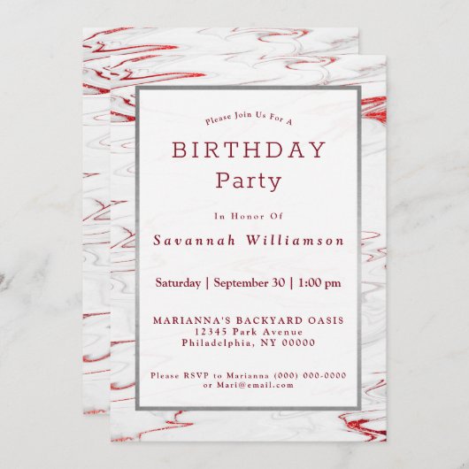 Elegantes Rot-Weiß-Imitat Marble Birthday Einladung (Vorne/Hinten)