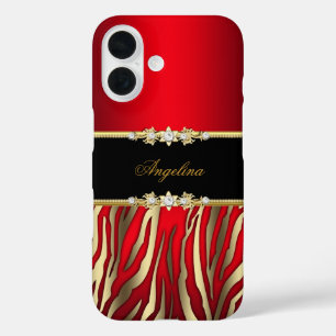 Elegantes Rot-Zebra-Schwarz-Gold iPhone 16 Hülle