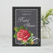Elegantes Rote Rose Black Polka Dots Brautparty Einladung (Stehend Vorderseite)
