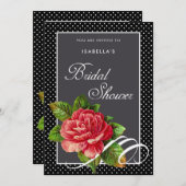 Elegantes Rote Rose Black Polka Dots Brautparty Einladung (Vorne/Hinten)