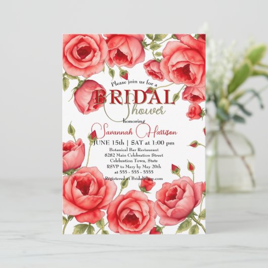 Elegantes Rote Rose Blumengrenzbild Brautparty Einladung (Stehend Vorderseite)