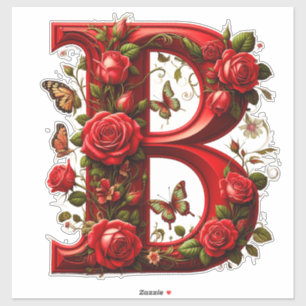 Elegantes rotes B mit Rosen und Schmetterling Aufkleber