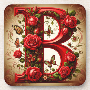 Elegantes rotes B mit Rosen und Schmetterling Getränkeuntersetzer