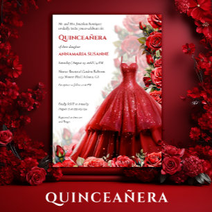 Elegantes rotes Ballkleid Rote Rosen Quinceanera   Einladung
