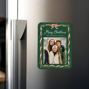 Elegantes rotes Band und Grün-Weihnachtsfoto Magnet