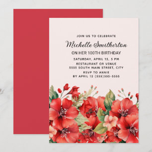 Elegantes rotes Blumendesign zum 100. Geburtstag i Einladung
