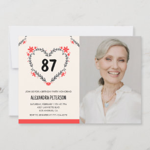 Elegantes rotes Blumenherz für ihren 87. Geburtsta Einladung