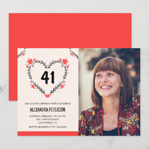 Elegantes rotes Blumenherz zum 41. Geburtstag für Einladung