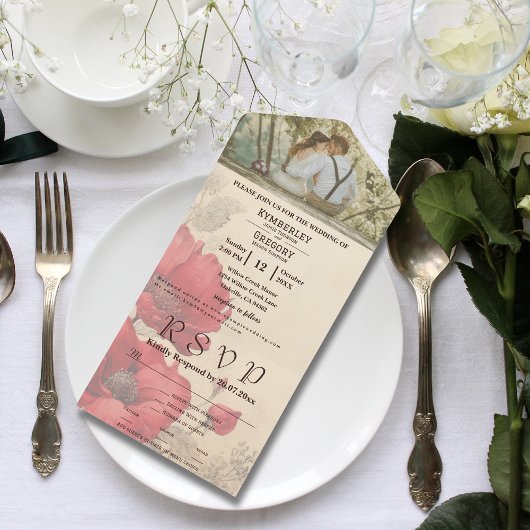 Elegantes Rotes Blumenmohnchen auf Cremes Couple F All In One Einladung