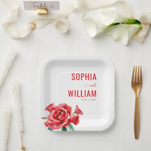 Elegantes rotes Blumenmuster Pappteller (Hochzeit)