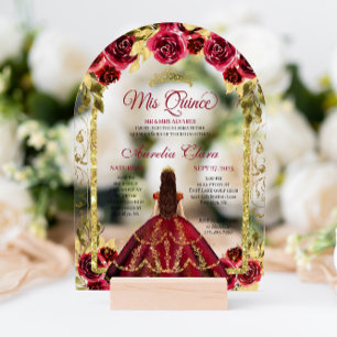 Elegantes rotes Blumenprinzessinnen-Goldbogen-Quin Acryleinladungen