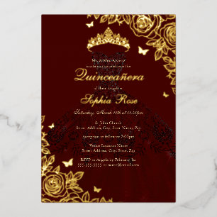 Elegantes rotes Burgunder-Gold-Rosen-Kleid Quincea Folieneinladung