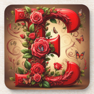 Elegantes rotes E mit Rosen und Schmetterling Getränkeuntersetzer