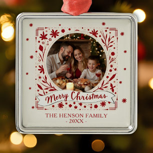 Elegantes rotes florales Frohe Weihnachten Familie Ornament Aus Metall