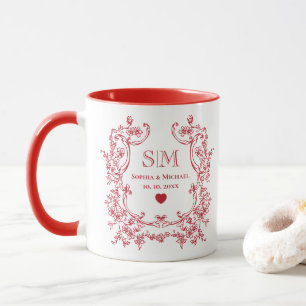 Elegantes rotes florales Hochzeitsjubiläums-Monogr Tasse