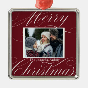 Elegantes rotes Frohe Weihnachten Skript Foto Ornament Aus Metall