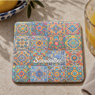 Elegantes rotes gelbes mexikanisches Talavera-Flie Steinuntersetzer