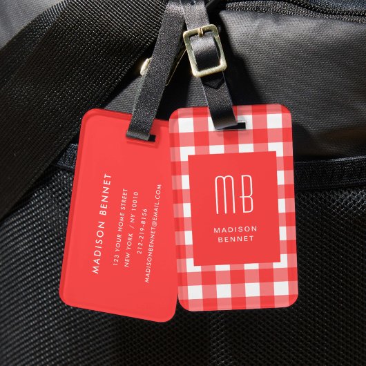 Elegantes rotes Gingham-Monogramm Gepäckanhänger