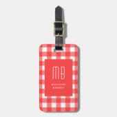 Elegantes rotes Gingham-Monogramm Gepäckanhänger (Vorderseite vertikal)