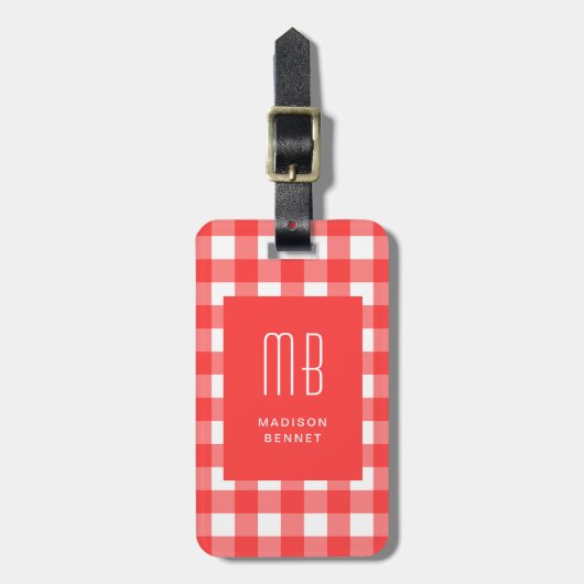 Elegantes rotes Gingham-Monogramm Gepäckanhänger (Vorderseite vertikal)