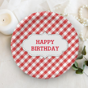 Elegantes rotes Gingham-Muster-personalisierter Pappteller