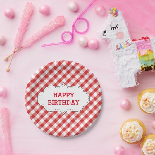 Elegantes rotes Gingham-Muster-personalisierter Pappteller (Party)