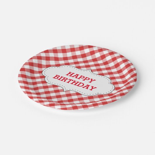 Elegantes rotes Gingham-Muster-personalisierter Pappteller (Schrägansicht)