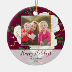 Elegantes rotes Glam Vintage weiße Rosen Feiertags Keramik Ornament