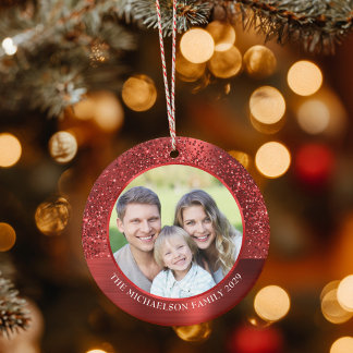 Elegantes rotes Glitter-Foto Metallisches Weihnach Keramik Ornament