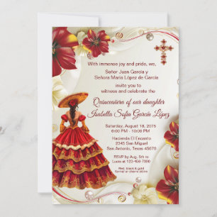 Elegantes rotes Gold Blumen- Charra Quinceanera Einladung