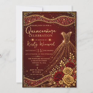 Elegantes rotes Gold Glitter Kleid Quinceanera Einladung