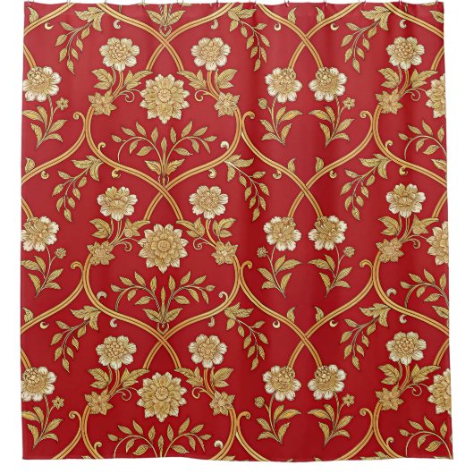 Elegantes rotes goldenes Blumenlattice Duschvorhang (Vorderseite)