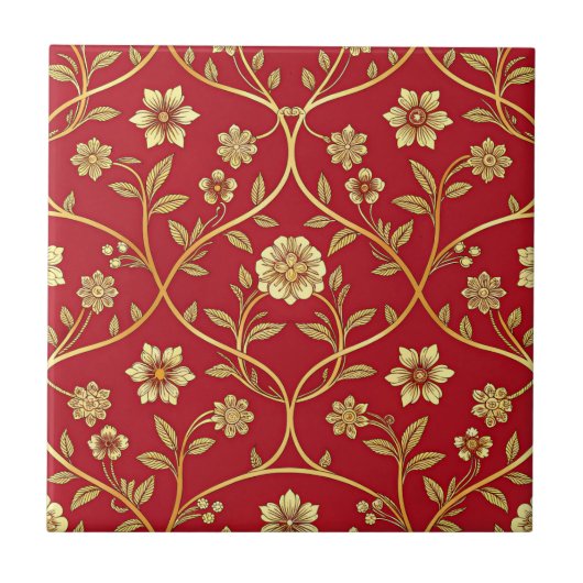 Elegantes rotes goldenes Blumenraster (2) Fliese (Vorderseite)