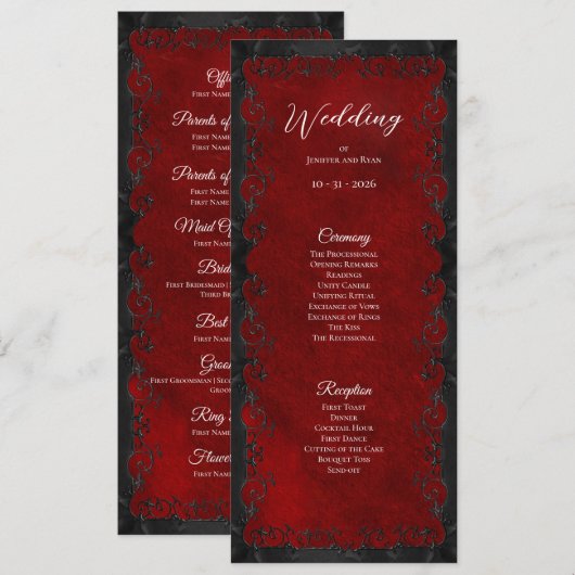Elegantes rotes gotisches Hochzeitsprogramm Menükarte (Vorne/Hinten)