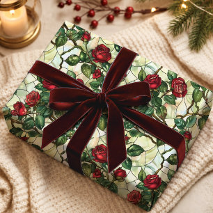 Elegantes rotes grünes Bleiglas-Blumenmuster Geschenkpapier