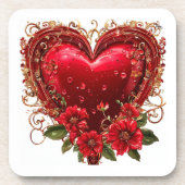 Elegantes Rotes Herz mit Blume Getränkeuntersetzer (Vorderseite)