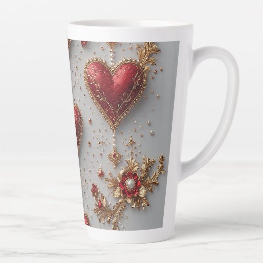 Elegantes Rotes Herz mit Details zur goldenen Blum Milchtasse (Rechts)