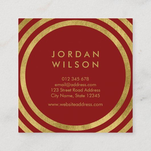 Elegantes Rotes Imitat Gold Runde Linien Geometris Quadratische Visitenkarte (Rückseite)
