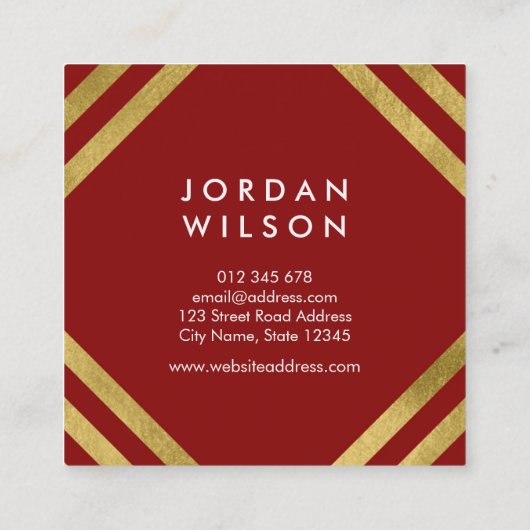 Elegantes Rotes Imitat Gold Square Lines Geometris Quadratische Visitenkarte (Rückseite)