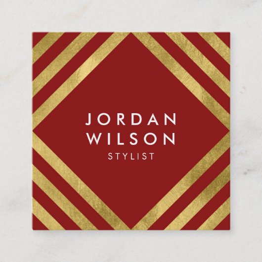 Elegantes Rotes Imitat Gold Square Lines Geometris Quadratische Visitenkarte (Vorderseite)