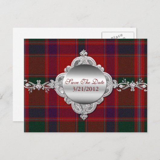 Elegantes Rotes Kariertes Save the Date Postkarte (Vorne/Hinten)