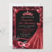 Elegantes Rotes Kleid Masquerade Geburtstag Einladung (Vorderseite)