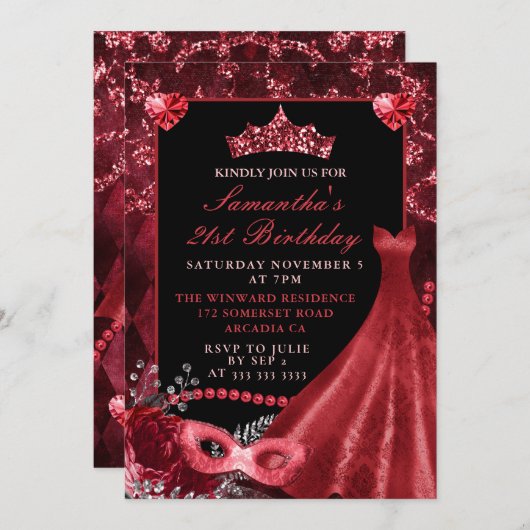 Elegantes Rotes Kleid Masquerade Geburtstag Einladung (Vorne/Hinten)