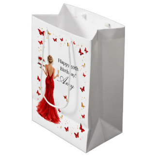 Elegantes rotes Kleid mit Schmetterlingen 40. Gebu Mittlere Geschenktüte