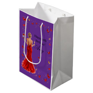 Elegantes rotes Kleid mit Schmetterlingen 40. Gebu Mittlere Geschenktüte